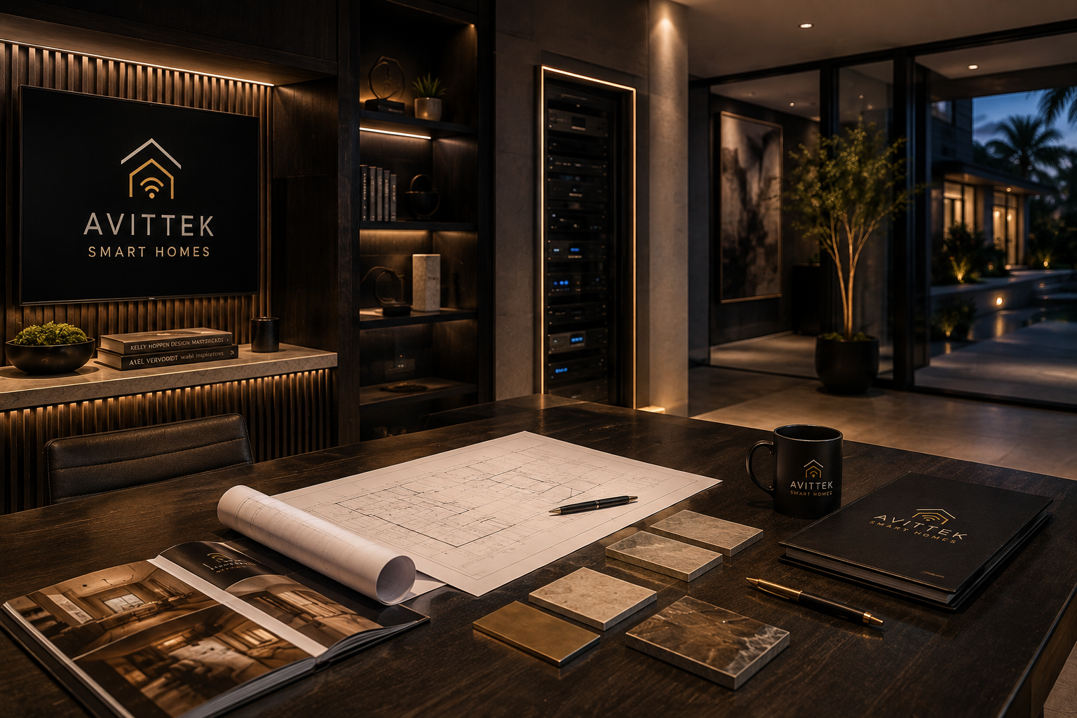 AVITtek design workspace with blueprints and material samples