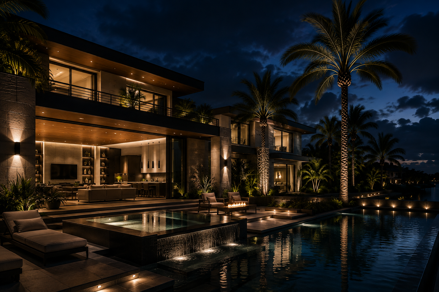 Luxury residential architecture at night