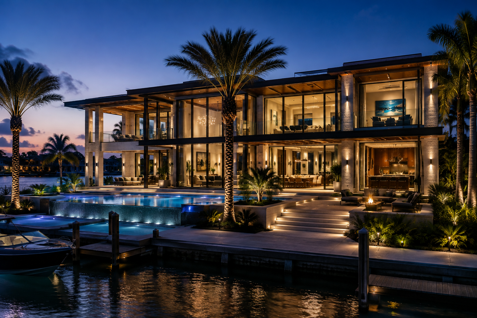Completed South Florida luxury waterfront residence at blue hour — architectural lighting, landscape lighting, pool and warm illuminated interiors