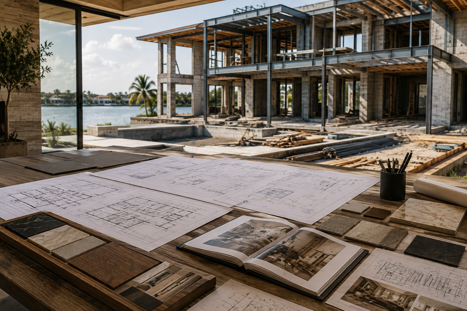 Architectural drawings, finish samples and design materials with luxury waterfront residence under construction — builder, architect, interior designer and AVITTEK collaboration